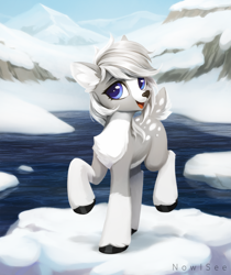 Size: 2095x2500 | Tagged: safe, artist:inowiseei, imported from derpibooru, oc, oc only, oc:silverlining, deer, deer oc, ice, open mouth, snow, solo, water, watermark