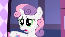 Size: 1280x720 | Tagged: safe, imported from derpibooru, screencap, sweetie belle, pony, unicorn, season 2, sisterhooves social, cute, diasweetes, dilated pupils, female, filly, foal, open mouth, solo