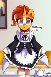 Size: 1467x2200 | Tagged: safe, artist:shadowreindeer, imported from derpibooru, sunburst, pony, semi-anthro, unicorn, bipedal, clothes, crossover, female, maid, mare, rule 63, sunstone (g4 r63 sunburst)