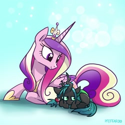 Size: 2048x2048 | Tagged: safe, artist:pfeffaroo, imported from derpibooru, part of a set, princess cadance, queen chrysalis, alicorn, changeling, nymph, pony, cute, cutealis, cutedance, duo, duo female, female, filly, filly queen chrysalis, high res, lidded eyes, lying down, mare, prone, shadow, signature, smiling, younger