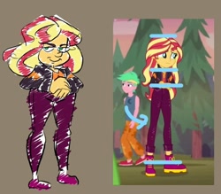 Size: 642x563 | Tagged: safe, artist:mermaxthegoat572, edit, imported from derpibooru, screencap, sunset shimmer, equestria girls, bad edit, comparison, long legs, parody, scene interpretation, scene parody, shitposting, you know i had to do it to em