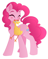 Size: 2939x3618 | Tagged: safe, artist:vetta, imported from derpibooru, boneless, pinkie pie, earth pony, pony, dragonshy, ^^, blushing, eyebrows, eyes closed, female, high res, hooves, mare, mouth hold, simple background, solo, standing, tail, white background