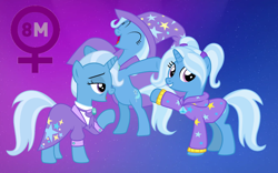 Size: 1280x800 | Tagged: safe, artist:3d4d, imported from derpibooru, trixie, pony, unicorn, the last problem, bipedal, cape, clothes, counselor trixie, eyes closed, female, hat, mare, older, older trixie, open mouth, trixie's cape, trixie's hat, wallpaper