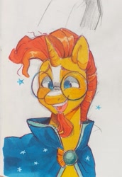 Size: 1416x2057 | Tagged: safe, artist:goulpaa, imported from derpibooru, sunburst, pony, unicorn, cape, clothes, glasses, male, marker drawing, open mouth, open smile, simple background, smiling, solo, stallion, traditional art, white background