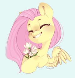 Size: 846x870 | Tagged: safe, artist:melodylibris, imported from derpibooru, fluttershy, pegasus, pony, blue background, bust, cute, eyes closed, female, flower, grin, happy, head tilt, hoof hold, mare, shyabetes, simple background, smiling, solo, spread wings, three quarter view, tulip, wings