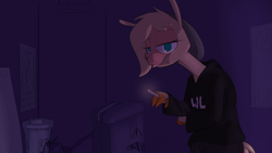 Size: 1584x892 | Tagged: safe, artist:hitsuji, imported from derpibooru, oc, oc:shio (hitsuji), alpaca, anthro, them's fightin' herds, alley, beanie, clothes, cloven hooves, community related, dumpster, hat, hoodie, lol, missing poster, smoking, solo, tfh oc, trash can