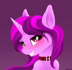 Size: 2919x2862 | Tagged: safe, artist:andaluce, imported from derpibooru, oc, oc only, unicorn, blushing, bust, collar, colt, ear fluff, femboy, gradient background, lineless, male, smiling, solo