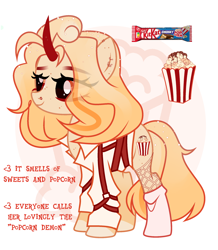 Size: 2070x2372 | Tagged: safe, artist:idkhesoff, imported from derpibooru, oc, oc only, oc:salty sweet, pony, unicorn, belt, candy, chocolate, clothes, curved horn, ear piercing, earring, female, fishnets, food, freckles, horn, jewelry, kit-kat, mare, markings, nose piercing, nose ring, nostril piercing, piercing, popcorn, reference sheet, shirt, simple background, socks, solo, sweets, white background