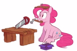 Size: 3594x2364 | Tagged: safe, artist:hattsy, pinkie pie, earth pony, pony, box, female, hacksaw, hammer, mare, meme, monochrome, mouth hold, nails, plank, saw, sawhorse, simple background, sitting, sketch, smiling, solo, spongebob reference, white background, wood, workbench