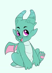 Size: 1121x1561 | Tagged: safe, artist:aztrial, imported from ponybooru, dragon, baby, baby dragon, g5, simple background, sitting, smiling, solo, sparky sparkeroni