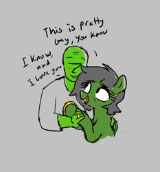 Size: 423x454 | Tagged: safe, artist:kabayo, oc, oc:anon, oc:filly anon, earth pony, human, pony, aggie.io, bust, dialogue, female, filly, gray background, happy, hug, i love you, jewelry, lowres, married, married couple, open mouth, ring, simple background, smiling, talking