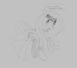 Size: 1376x1215 | Tagged: safe, artist:hattsy, fluttershy, pegasus, pony, aggie.io, female, floral head wreath, flower, gray background, happy, hippie, jewelry, mare, monochrome, necklace, open mouth, raised hoof, simple background, sketch, smiling, speech bubble, talking, text, wings