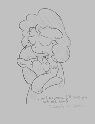 Size: 462x604 | Tagged: safe, artist:algoatall, applejack, pear butter, earth pony, pony, aggie.io, bust, dialogue, eyebrows, eyes closed, female, floppy ears, freckles, gray background, hug, lowres, mare, monochrome, mother and child, mother and daughter, simple background, smiling, text