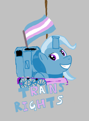 Size: 893x1220 | Tagged: safe, trixie, pony, aggie.io, flag, gay, gray background, male, open mouth, open smile, pride flag, pun, rope, simple background, smiling, teeth, train, trans, trans flag, wat, wordplay