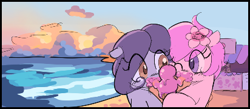 Size: 412x179 | Tagged: safe, artist:parfait, oc, oc only, oc:hattsy, oc:kayla, earth pony, pony, aggie.io, beach, bust, cloud, cute, featured image, female, filly, floppy ears, flower, flower in hair, food, ice cream, ice cream cone, ice cream shop, licking, looking at each other, lowres, oc x oc, one eye closed, sharing, shipping, shop, simple background, tongue out