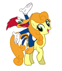 Size: 627x723 | Tagged: safe, edit, carrot top, golden harvest, earth pony, pony, background pony, clothes, crossover, cute, cutie top, female, gloves, hands in the air, male, mare, open mouth, open smile, raised hoof, riding, smiling, the new woody woodpecker show, woodpeckers riding ponies, woody woodpecker, woodybetes
