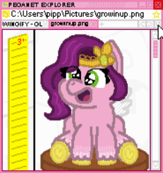Size: 370x394 | Tagged: safe, artist:jazminakarainy, deleted from derpibooru, imported from derpibooru, pipp petals, pegasus, pony, animated, book, cardboard box, chair, circlet, g5, gif, mouse cursor, open mouth, pipp is short, sitting, smiling, solo, stool, text, unshorn fetlocks
