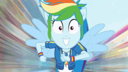 Size: 800x450 | Tagged: safe, artist:ftvs-cm45, imported from derpibooru, screencap, rainbow dash, equestria girls, equestria girls series, run to break free, spoiler:eqg series (season 2), animated, fast, gif, in air, ponied up, rainbow, rainbow dash is best facemaker, running, smiling, wide eyes