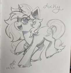Size: 1999x2048 | Tagged: safe, artist:aarops, imported from derpibooru, oc, oc only, oc:lucky, pony, unicorn, happy, looking at you, open mouth, smiling, solo, traditional art, unshorn fetlocks