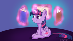 Size: 1920x1080 | Tagged: safe, artist:empyu, imported from derpibooru, twilight sparkle, alicorn, pony, book, glowing, glowing horn, horn, simple background, sitting, solo, twilight sparkle (alicorn)