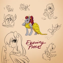 Size: 2048x2048 | Tagged: safe, artist:opalacorn, imported from derpibooru, oc, oc only, oc:evening prose, pegasus, pony, book, clothes, doodle, dress, female, flower, flying, freckles, jewelry, looking at something, mare, necklace, reading, sketch, sketch dump