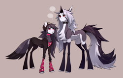 Size: 4883x3121 | Tagged: safe, artist:1an1, imported from derpibooru, avian, bird, bird pone, demon, demon pony, hellhound, pony, avian demon, bird demon, collar, crossover, duo, female, grey hair, hellhound pony, helluva boss, long hair, loona (helluva boss), mane, octavia (helluva boss), pale belly, ponified, red sclera, simple background, speech bubble, spiked collar, tail