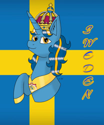 Size: 1280x1536 | Tagged: safe, artist:hiroultimate, imported from derpibooru, oc, pony, flag, nation ponies, ponified, solo, sweden