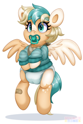 Size: 2535x3806 | Tagged: safe, artist:duckie, imported from derpibooru, oc, oc:sun light, frog, pegasus, pony, bandaid, bandana, clothes, diaper, eye clipping through hair, eyebrows, eyebrows visible through hair, female, filly, floating, flying, foal, looking at you, pacifier, solo, sweater