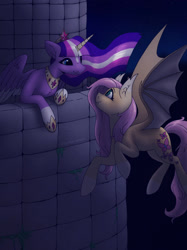 Size: 1024x1366 | Tagged: safe, artist:incendiarymoth, imported from derpibooru, fluttershy, twilight sparkle, alicorn, bat pony, bat ponified, castle, coat markings, colored eartips, facial markings, female, flutterbat, lesbian, looking at each other, looking at someone, night, night sky, race swap, shipping, sky, socks (coat markings), star (coat marking), twilight sparkle (alicorn), twishy