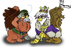 Size: 1280x857 | Tagged: safe, artist:duckyworth, imported from derpibooru, gilda, oc, griffon, cigar, crown, gilda is not amused, helmet, jewelry, queen gilda, regalia, salute, scepter, unamused