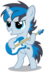 Size: 2000x3200 | Tagged: safe, artist:strategypony, imported from derpibooru, oc, oc only, oc:solar gizmo, pony, unicorn, bipedal, colt, electric guitar, foal, full body, grin, guitar, high res, hoof hold, hooves, horn, male, musical instrument, shadow, show accurate, simple background, smiling, solo, standing, tail, transparent background, two toned mane, two toned tail, unicorn oc