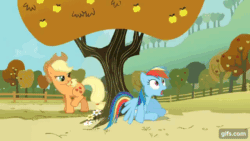 Size: 640x360 | Tagged: safe, imported from derpibooru, screencap, applejack, fluttershy, rainbow dash, earth pony, pegasus, pony, fall weather friends, season 1, ^^, animated, apple, apple tree, applejack's hat, bucking, cowboy hat, cute, eyes closed, female, flying, food, gif, gifs.com, grin, hat, mare, mouth hold, open mouth, scoreboard, shyabetes, smiling, spread wings, tree, walking, wings