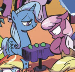 Size: 391x376 | Tagged: safe, artist:andypriceart, edit, idw, imported from derpibooru, applejack, cheerilee, rainbow dash, trixie, twilight sparkle, earth pony, pegasus, pony, unicorn, spoiler:comic, spoiler:comicm03, applejack's hat, bubble, comic, cowboy hat, cropped, duo focus, female, floppy ears, hat, horn, mare, shell game, smiling, table, thinking, unicorn twilight