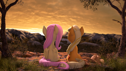 Size: 1920x1080 | Tagged: safe, artist:owlpirate, imported from derpibooru, applejack, fluttershy, earth pony, pegasus, pony, 3d, appleshy, facing away, female, hat off, lesbian, mare, shipping, source filmmaker, sunset