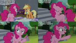 Size: 1280x720 | Tagged: safe, edit, edited screencap, editor:quoterific, imported from derpibooru, screencap, applejack, pinkie pie, earth pony, pony, horse play, season 8, spoiler:s08, applejack's hat, confetti, cowboy hat, duo, eyes closed, female, hat, mare, open mouth, open smile, smiling, streamers, text