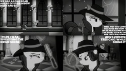 Size: 1280x720 | Tagged: safe, edit, edited screencap, editor:quoterific, imported from derpibooru, screencap, rainbow dash, rarity, pegasus, pony, unicorn, rarity investigates, season 5, black and white, detective rarity, duo, female, flying, grayscale, magic, magnifying glass, mare, monochrome, smiling, spread wings, telekinesis, text, wings