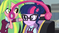 Size: 3410x1920 | Tagged: safe, imported from derpibooru, screencap, lemon zest, sci-twi, twilight sparkle, equestria girls, friendship games, duo, duo female, female, glasses, headphones, high res