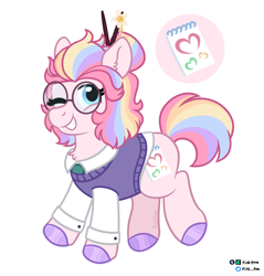 Size: 2100x2200 | Tagged: safe, artist:pink-pone, imported from derpibooru, oc, oc:sketch book, pony, clothes, female, glasses, mare, one eye closed, shirt, simple background, solo, sweater vest, white background, wink