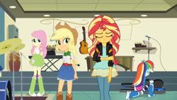 Size: 3410x1920 | Tagged: safe, imported from derpibooru, screencap, applejack, fluttershy, rainbow dash, sunset shimmer, equestria girls, friendship games, applejack's hat, belt, boots, clothes, cowboy boots, cowboy hat, cutie mark on clothes, denim skirt, drums, electric guitar, eyes closed, female, guitar, hat, high res, jacket, leather, leather jacket, musical instrument, shoes, skirt, smiling