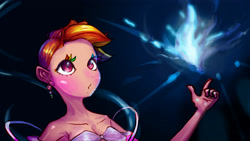 Size: 4942x2780 | Tagged: safe, artist:alexsavenije, imported from derpibooru, part of a set, rainbow dash, human, 16:9, collarbone, colored eyelashes, female, humanized, looking at something, mage, magic, no eyebrows, solo, sorceress, strapless