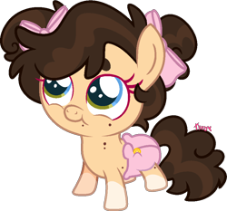 Size: 875x816 | Tagged: safe, artist:kurosawakuro, imported from derpibooru, oc, oc only, pony, baby, baby pony, bow, coat markings, diaper, female, filly, foal, hair bow, oc name needed, signature, simple background, socks (coat markings), solo, transparent background