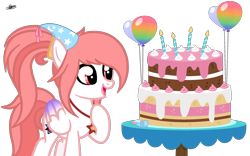 Size: 2726x1700 | Tagged: safe, artist:princessmoonsilver, imported from derpibooru, oc, oc:fire lynk, pegasus, pony, balloon, cake, candle, female, folded wings, food, frosting, hat, hoof on chest, jewelry, looking at something, mare, necklace, open mouth, party hat, signature, simple background, solo, table, transparent background, wings