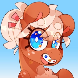 Size: 2048x2048 | Tagged: safe, artist:cocopudu, imported from derpibooru, oc, oc only, oc:snickerdoodle, earth pony, pony, braces, bust, chest fluff, eye clipping through hair, female, freckles, gradient background, looking at you, mare, open mouth, open smile, smiling, smiling at you, solo, white pupils, wingding eyes