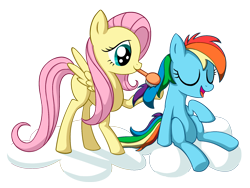 Size: 1502x1129 | Tagged: safe, artist:reconprobe, imported from derpibooru, fluttershy, rainbow dash, pegasus, pony, brushing, cloud, female, filly, filly fluttershy, filly rainbow dash, simple background, transparent background, younger