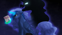 Size: 1024x575 | Tagged: safe, artist:stormcloud-yt, imported from derpibooru, princess luna, pony, shadow pony, crying, ethereal mane, glowing, glowing horn, horn, laughing, magic, starry mane, telekinesis