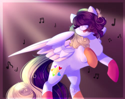 Size: 2895x2307 | Tagged: safe, artist:stormcloud-yt, imported from derpibooru, oc, oc only, pegasus, pony, coat markings, hair over eyes, magical lesbian spawn, music notes, offspring, parent:coloratura, parent:songbird serenade, pegasus oc, rearing, singing, socks (coat markings)