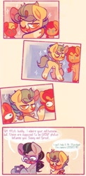 Size: 624x1280 | Tagged: safe, artist:sockiepuppetry, imported from derpibooru, hitch trailblazer, sprout cloverleaf, sunny starscout, earth pony, pony, argyle starshine, camera, comic, eyes closed, g5, looking down, photo, sparkles, sweat, sweatdrop, tongue out