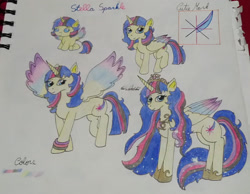 Size: 2340x1813 | Tagged: safe, artist:monse2001, imported from derpibooru, oc, oc only, oc:stella sparkle, alicorn, pony, age progression, alicorn oc, ethereal mane, hoof shoes, horn, offspring, parent:comet tail, parent:twilight sparkle, parents:cometlight, spread wings, starry mane, traditional art, wings