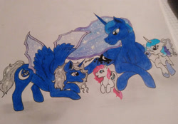 Size: 2935x2043 | Tagged: safe, artist:monse2001, imported from derpibooru, oc, oc only, oc:midnight song, oc:pandora, oc:silver moonlight, alicorn, bat pony, dracony, dragon, hybrid, pony, alicorn oc, base used, bat pony oc, female, filly, foal, half-siblings, horn, hybrid wings, interspecies offspring, lying down, offspring, parent:oc:artemis, parent:oc:onix, parent:princess luna, parents:canon x oc, prone, traditional art, wings