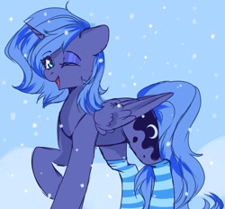 Size: 1421x1319 | Tagged: safe, artist:freyamilk, imported from derpibooru, princess luna, alicorn, pony, clothes, looking at you, one eye closed, open mouth, open smile, s1 luna, smiling, snow, snowfall, socks, solo, striped socks, wink